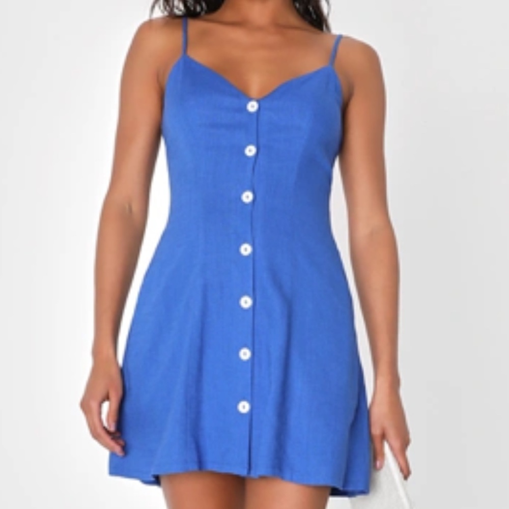 Lulus Favorite Find Royal Blue Linen Mini Dress With Pockets - Size M